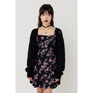 Vintage 90s Y2K Floral Slip Dress Black Pink Grunge Whimsigoth Babydoll Mini